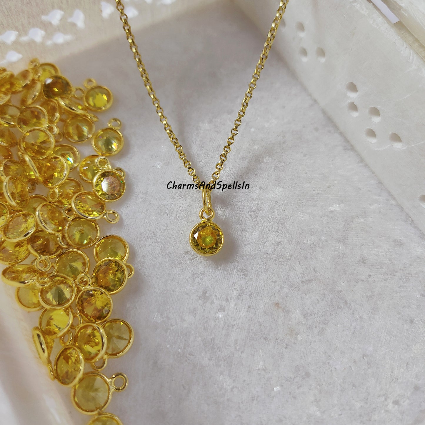 Hydro Yellow Citrine Gemstone Charm With Necklace, Boho Necklace, Dainty Round CZ Pendant Necklace, Gift For Mom, Bridesmaids Gift, Gift