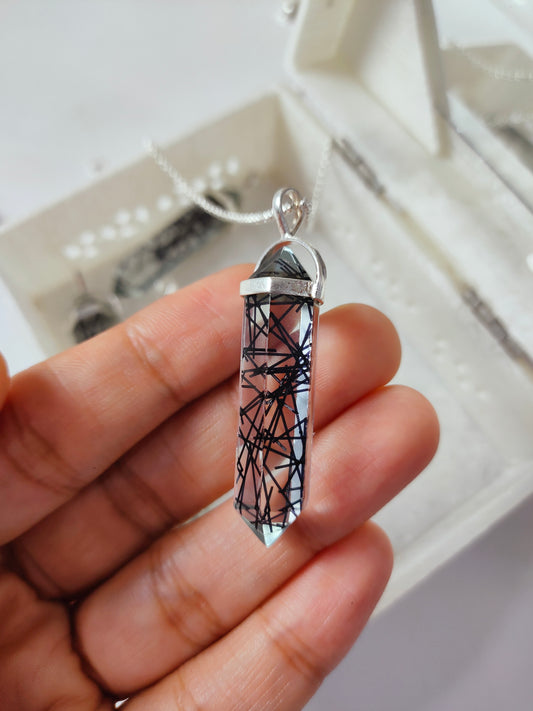 Black Rutile Point Pendant Necklace, 925 Sterling Silver Necklace, Black Rutile Gemstone Jewelry, Unique Point Pencil Pendant, Gift For Her