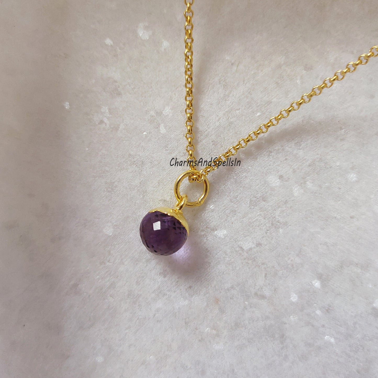 Unique Amethyst Ball Charm Necklace, Gold Electroplated, February Birthstone Necklace, Amethyst Jewelry, Bridal Necklace, Birthday Gift Idea