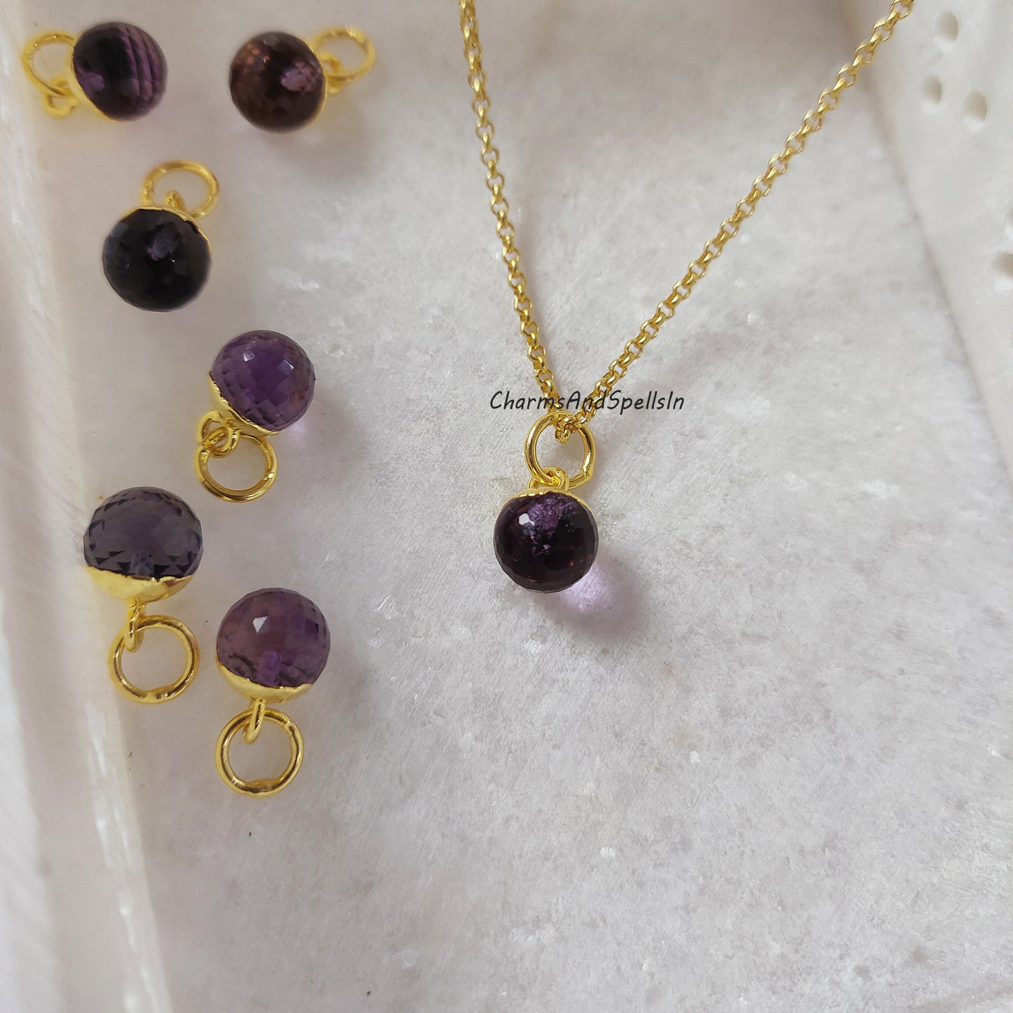 Unique Amethyst Ball Charm Necklace, Gold Electroplated, February Birthstone Necklace, Amethyst Jewelry, Bridal Necklace, Birthday Gift Idea