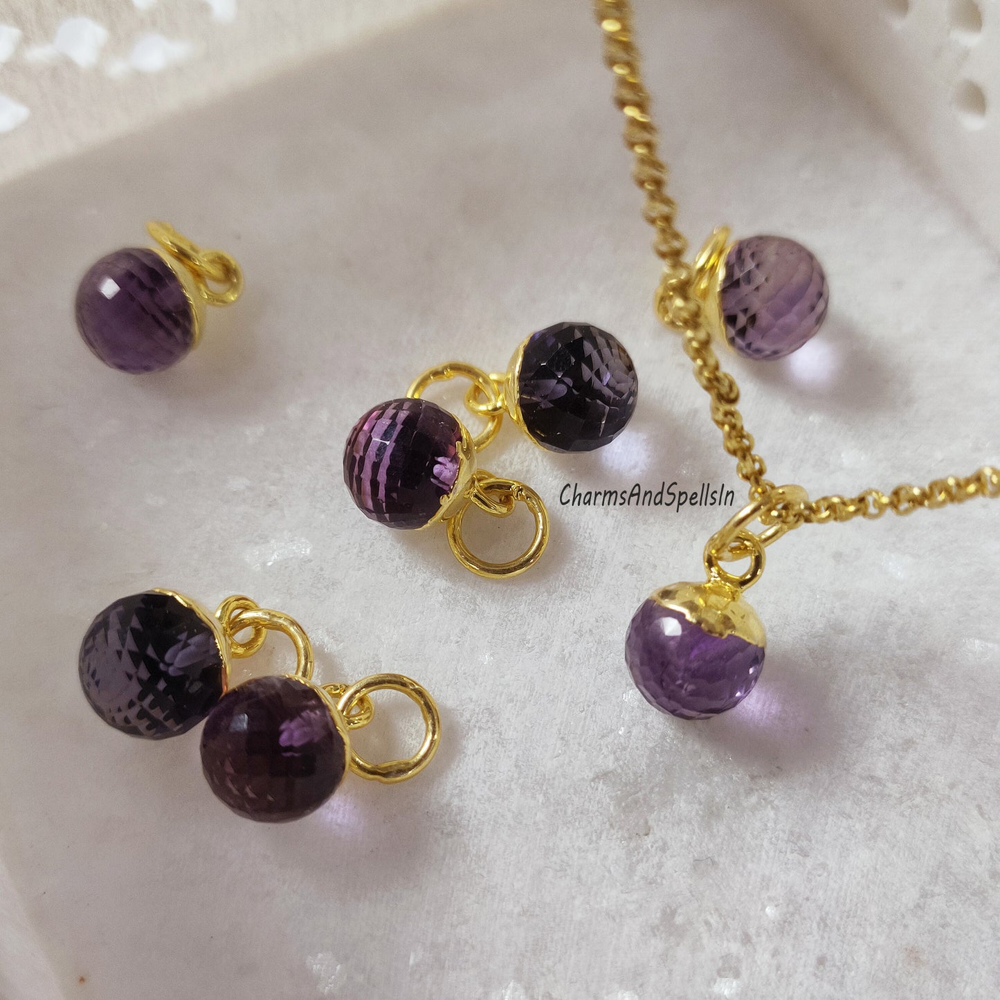 Unique Amethyst Ball Charm Necklace, Gold Electroplated, February Birthstone Necklace, Amethyst Jewelry, Bridal Necklace, Birthday Gift Idea