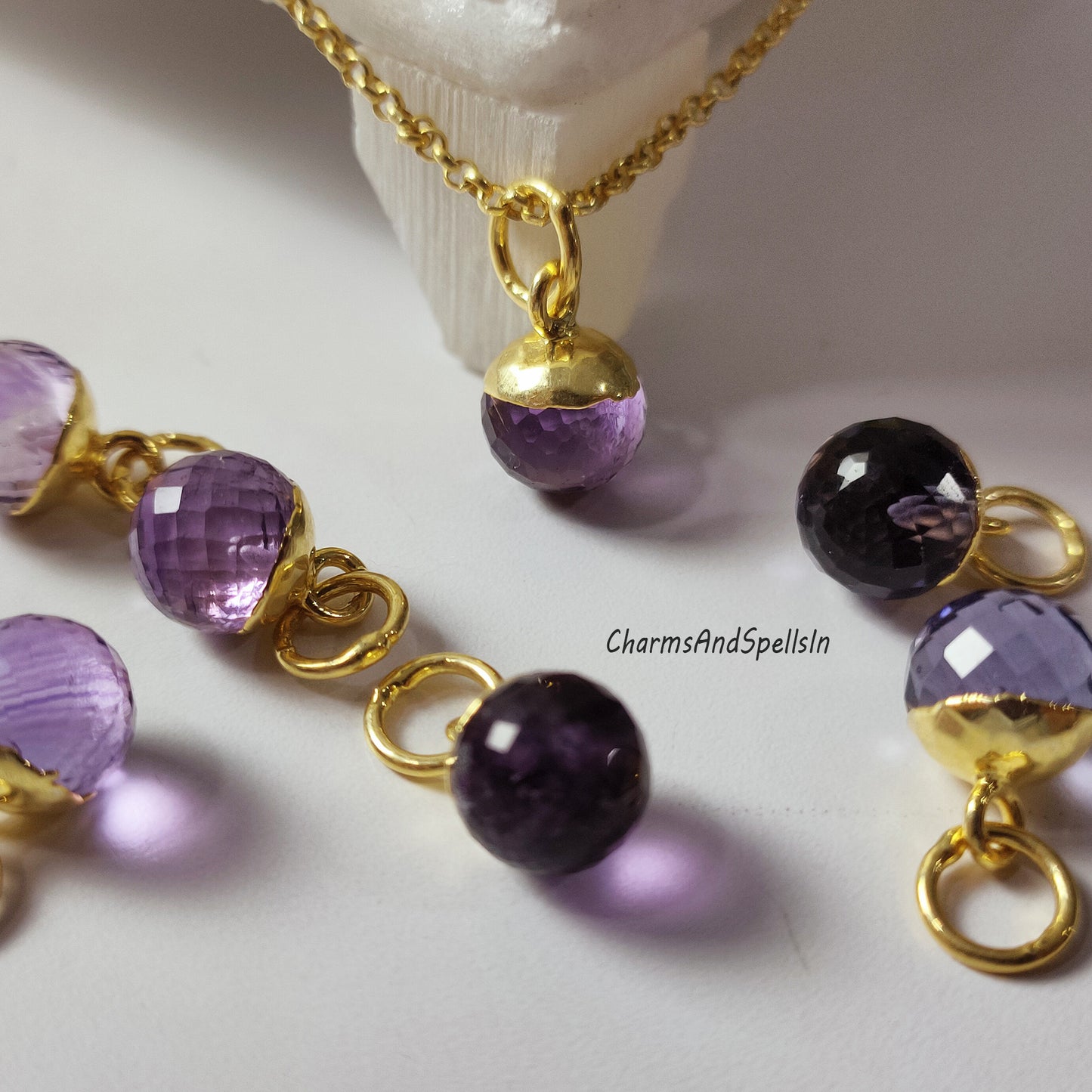 Unique Amethyst Ball Charm Necklace, Gold Electroplated, February Birthstone Necklace, Amethyst Jewelry, Bridal Necklace, Birthday Gift Idea