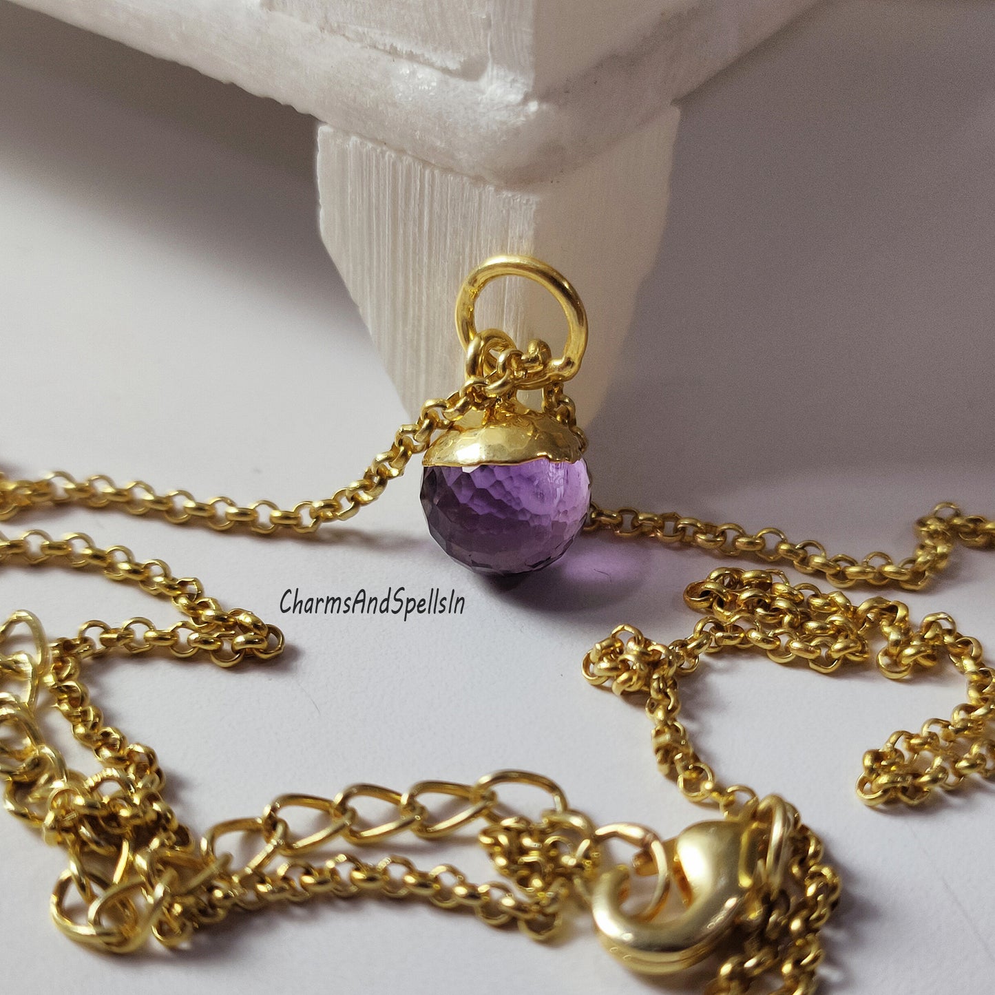 Unique Amethyst Ball Charm Necklace, Gold Electroplated, February Birthstone Necklace, Amethyst Jewelry, Bridal Necklace, Birthday Gift Idea