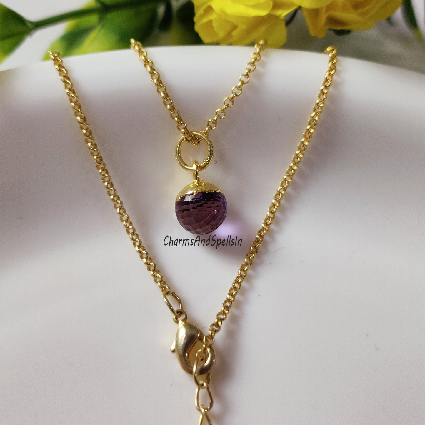 Unique Amethyst Ball Charm Necklace, Gold Electroplated, February Birthstone Necklace, Amethyst Jewelry, Bridal Necklace, Birthday Gift Idea