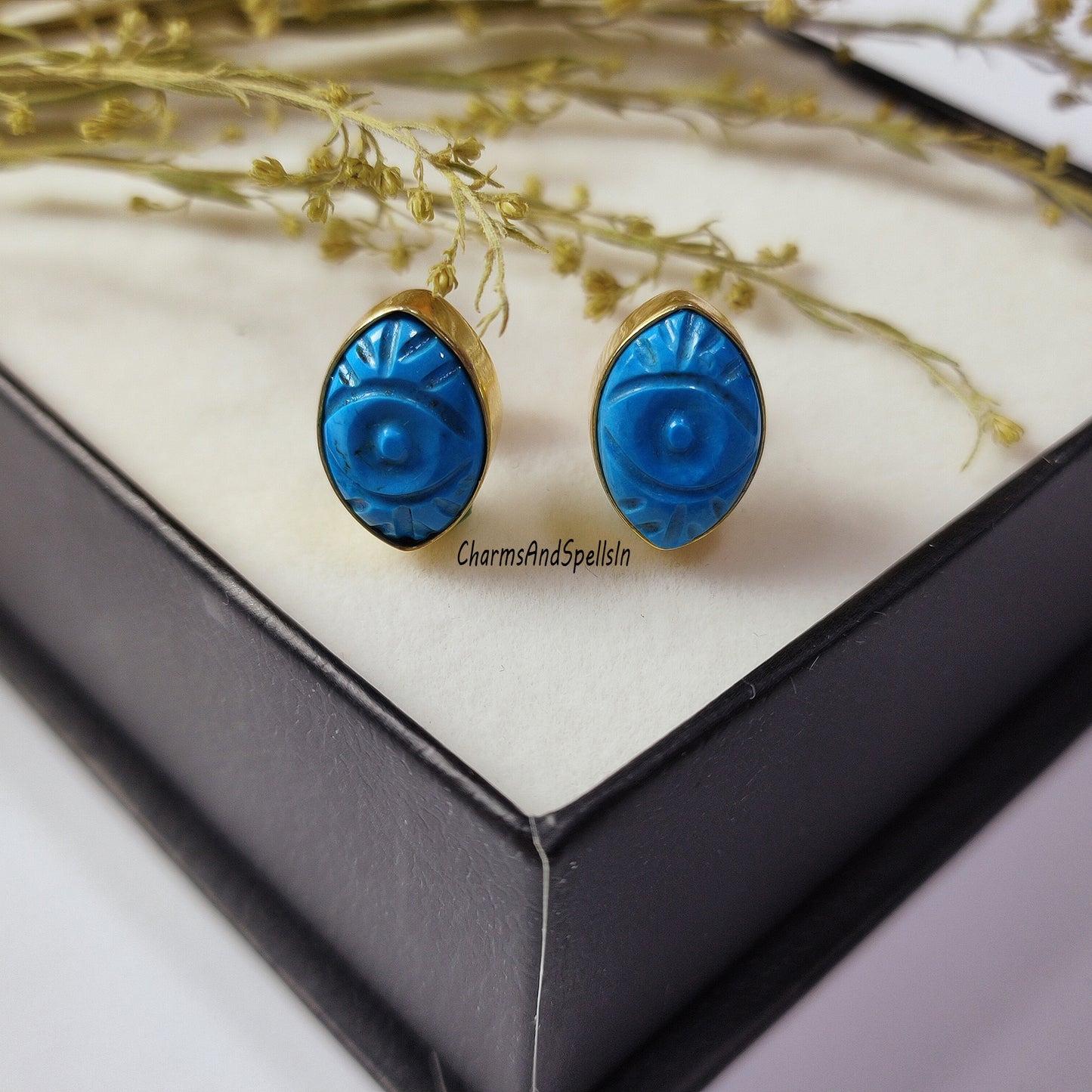 Unique Turquoise Stud Earring, Carved Evil Eye Gemstone Earring, 925 Sterling Silver Stud, Birthstone Jewelry, Endearment Gift, Gift For Her