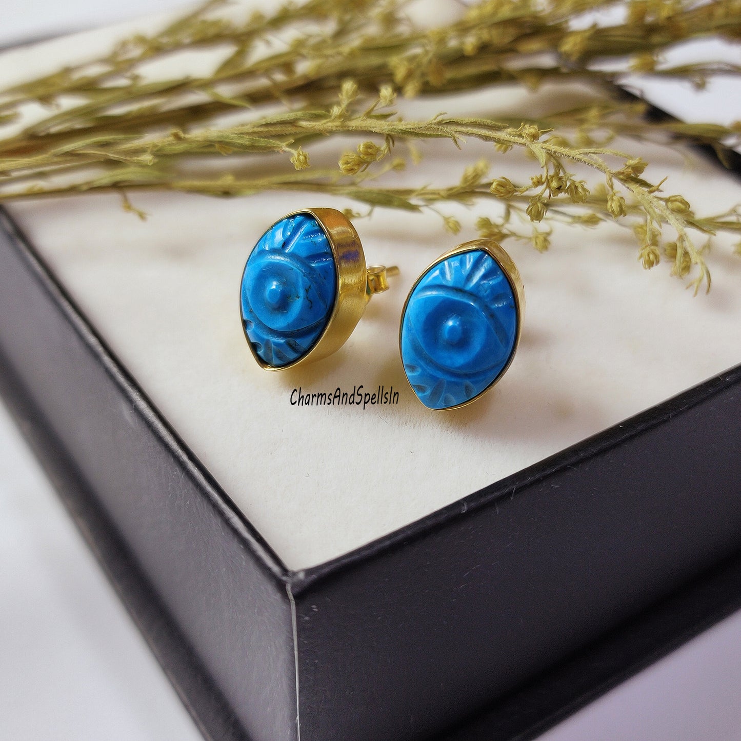 Unique Turquoise Stud Earring, Carved Evil Eye Gemstone Earring, 925 Sterling Silver Stud, Birthstone Jewelry, Endearment Gift, Gift For Her