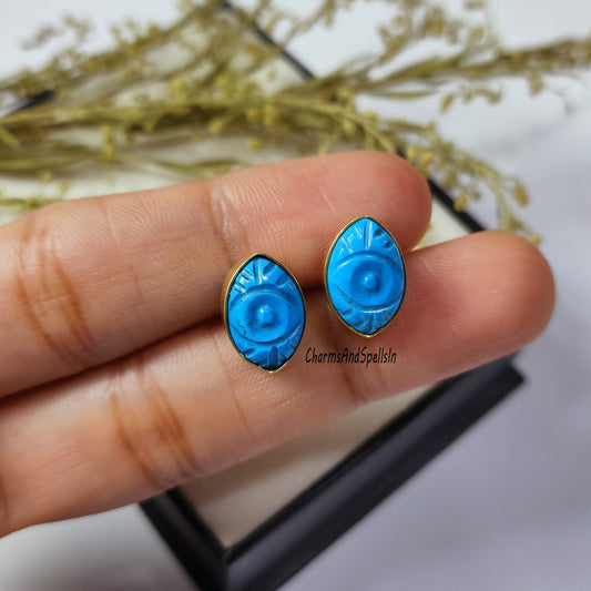 Unique Turquoise Stud Earring, Carved Evil Eye Gemstone Earring, 925 Sterling Silver Stud, Birthstone Jewelry, Endearment Gift, Gift For Her