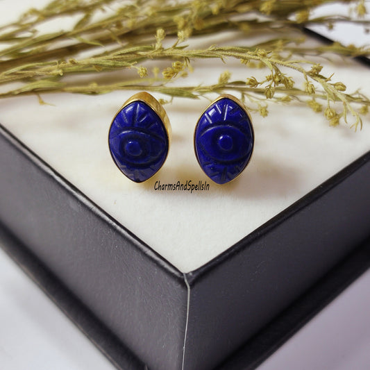 Beautiful Blue Lapis Lazuli Stud Earring, Carved Evil Eye Earring, 925 Sterling Silver, Handmade Jewelry, Natural Gemstone, Bridesmaids Gift