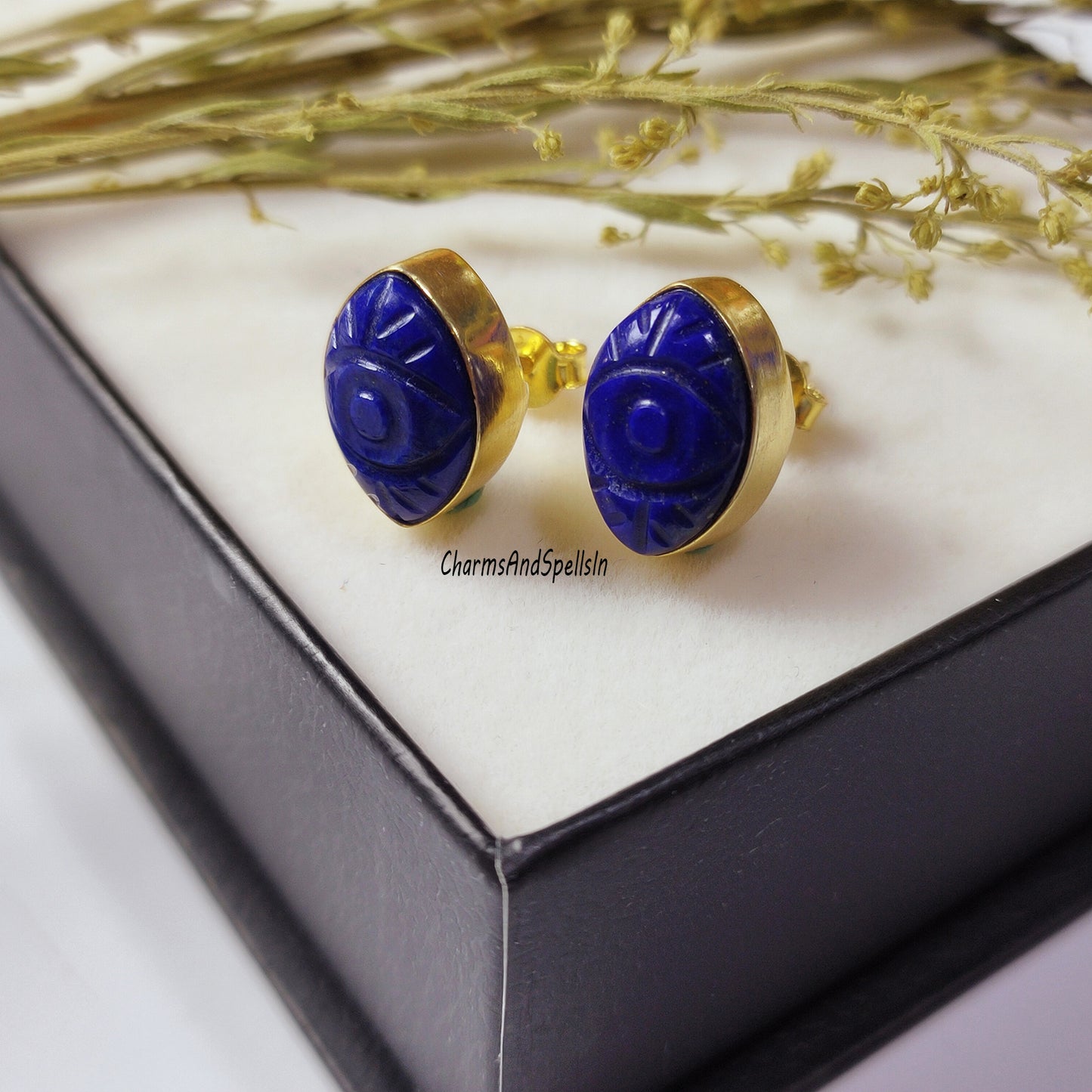 Beautiful Blue Lapis Lazuli Stud Earring, Carved Evil Eye Earring, 925 Sterling Silver, Handmade Jewelry, Natural Gemstone, Bridesmaids Gift