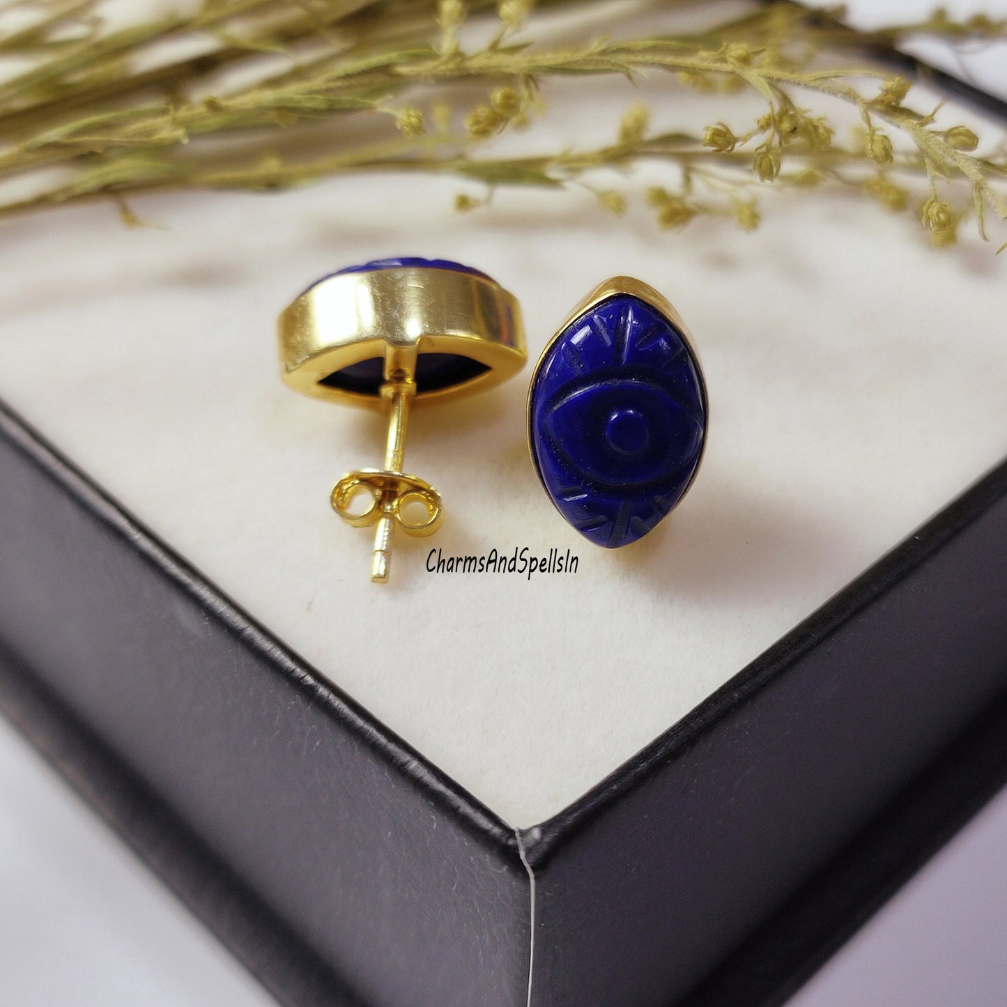 Beautiful Blue Lapis Lazuli Stud Earring, Carved Evil Eye Earring, 925 Sterling Silver, Handmade Jewelry, Natural Gemstone, Bridesmaids Gift