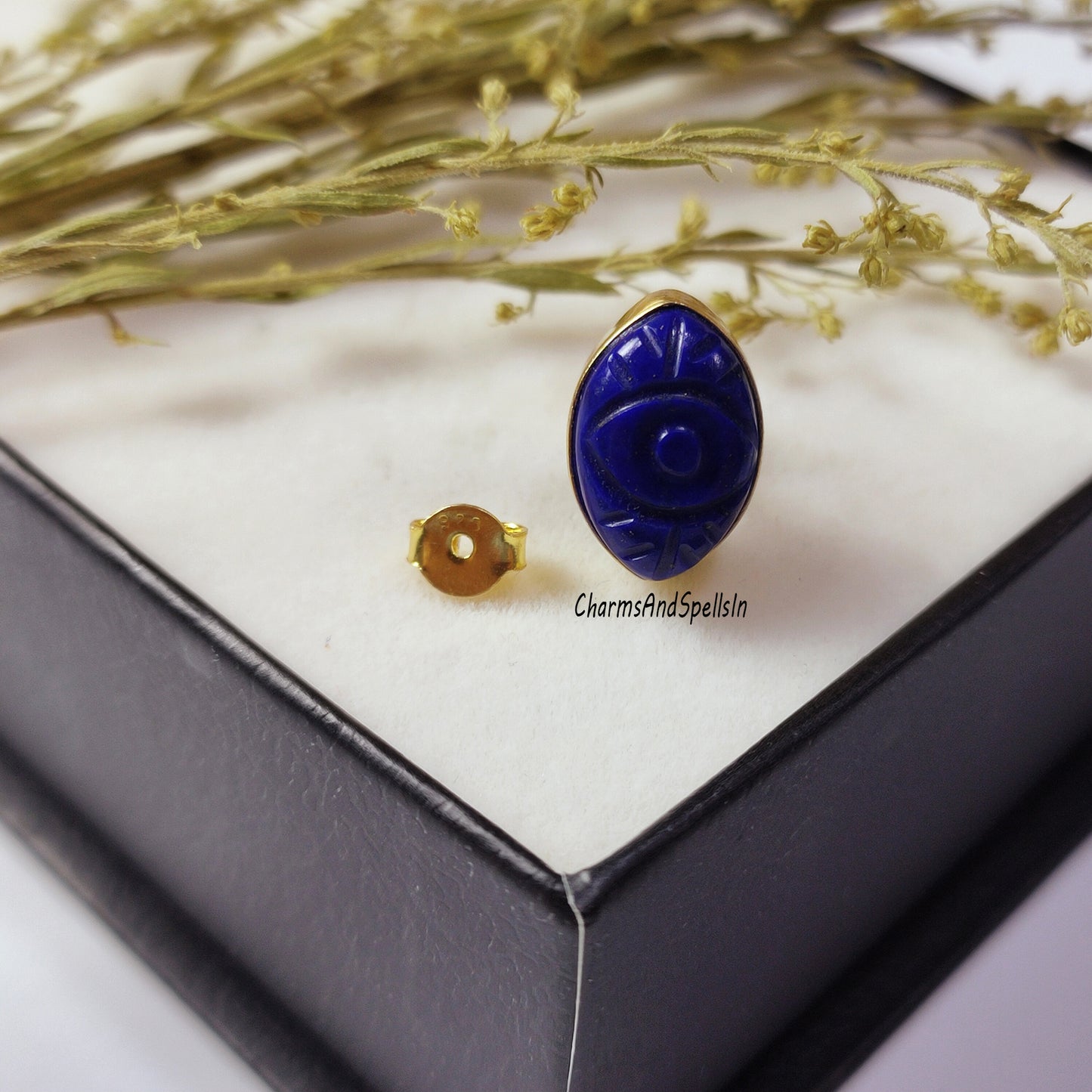 Beautiful Blue Lapis Lazuli Stud Earring, Carved Evil Eye Earring, 925 Sterling Silver, Handmade Jewelry, Natural Gemstone, Bridesmaids Gift