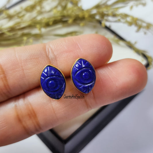 Beautiful Blue Lapis Lazuli Stud Earring, Carved Evil Eye Earring, 925 Sterling Silver, Handmade Jewelry, Natural Gemstone, Bridesmaids Gift