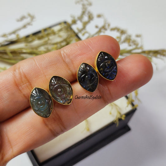 Natural Labradorite Evil Eye Stud Earring, 925 Sterling Silver Earring, Labradorite Gemstone Jewelry, Boho Earring, Carved Stone Stud, Gift