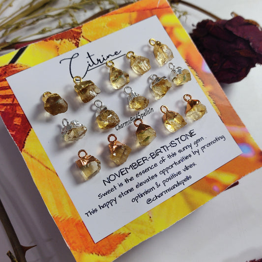 Raw Citrine Gemstone Pendant Connector, Electroplated Charm, Natural Gemstone Handmade Jewelry, November Birthstone Pendant, Citrine Jewelry