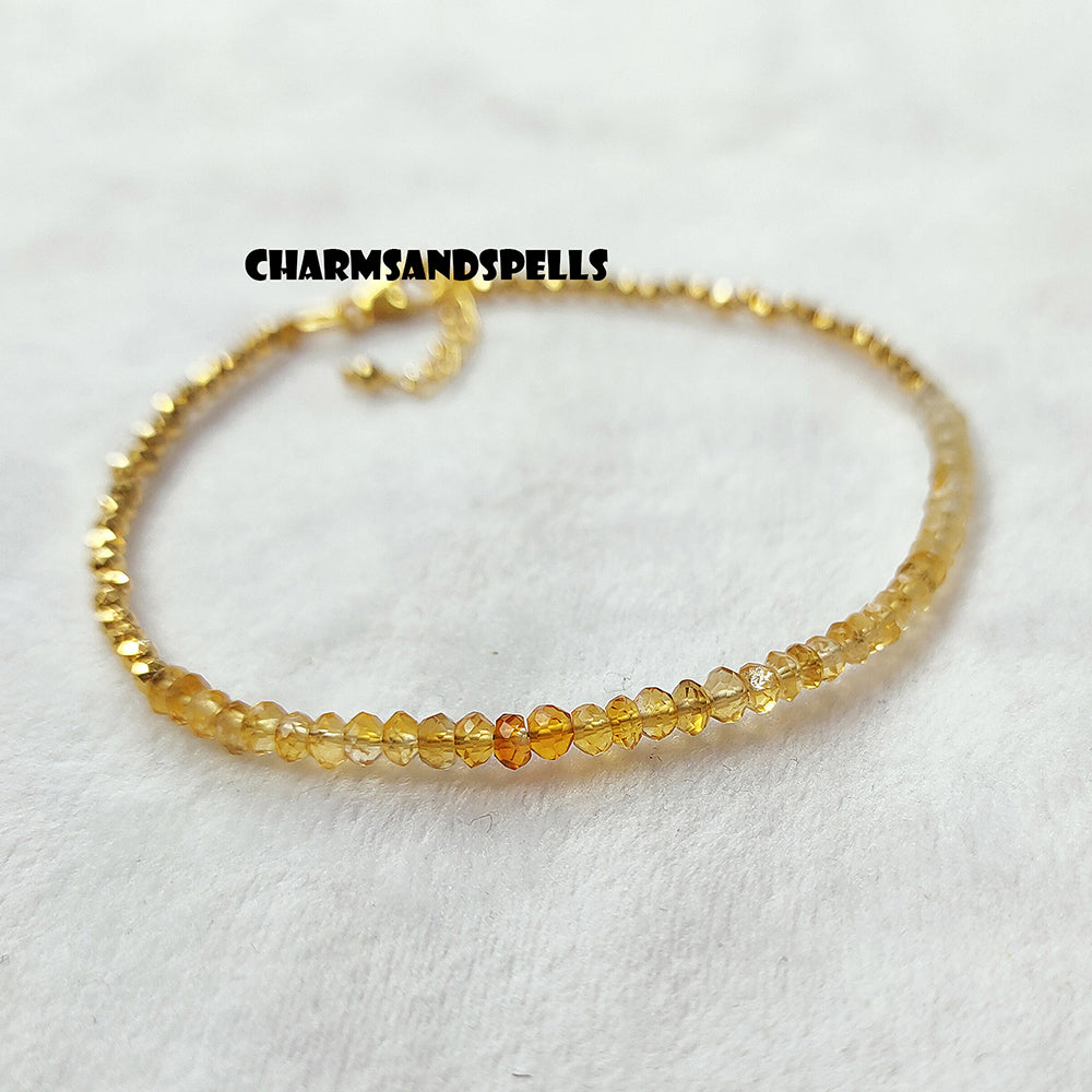 Natural Citrine Gemstone Adjustable Bracelet, 925 Beaded Bracelet, Tiny Crystal Birthstone Bracelet, Healing Bracelet For Her, Woman Gift