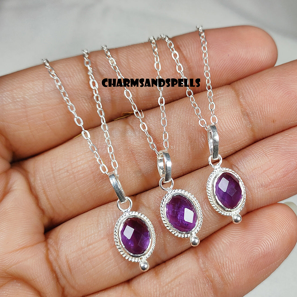 Natural Amethyst Necklace, 925 Sterling Silver Necklace, Purple Amethyst Silver Pendant, Tiny Pendant Necklace, Boho Necklace, Gift For Her