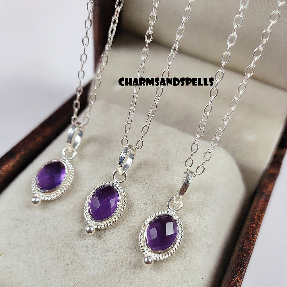 Natural Amethyst Necklace, 925 Sterling Silver Necklace, Purple Amethyst Silver Pendant, Tiny Pendant Necklace, Boho Necklace, Gift For Her