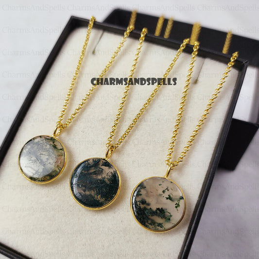Moss Agate Pendant Necklace, 14K Gold Plated Chain, Boho Jewelry