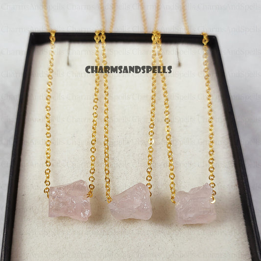 Raw Rose Quartz Gemstone Necklace, Stone Of Self-Love Necklace, Raw Crystal Necklace, Birthstone Necklace, Valentine Day Gift, Boho Necklace