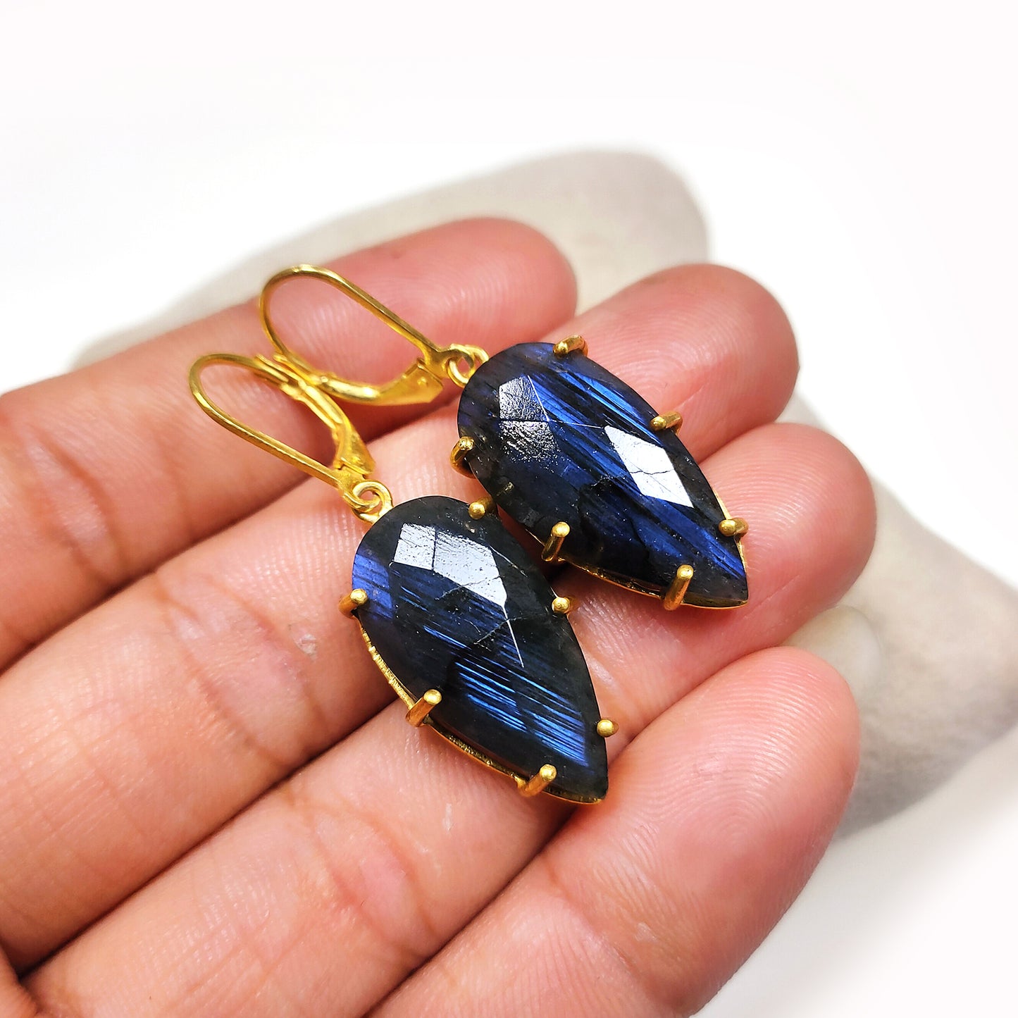 Labradorite Earrings | 925 Sterling Silver | Blue Fire Cabochon Jewelry