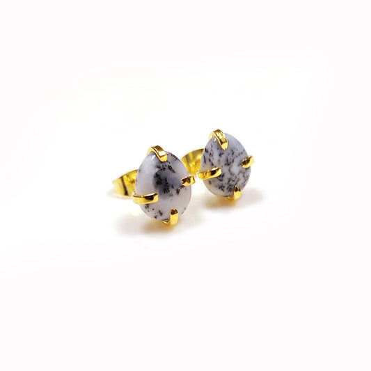 Dendrite Opal Stud Earrings | 925 Sterling Silver | Oval Handmade Jewelry