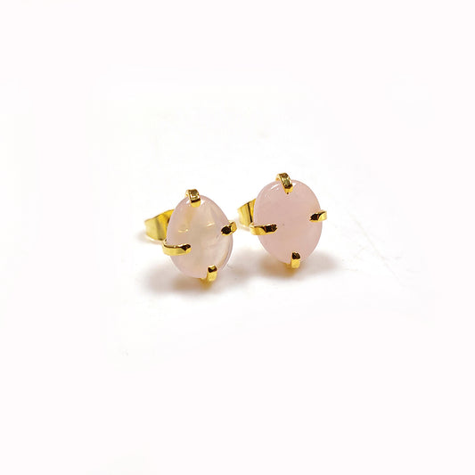 Natural Rose Quartz Stud Earrings | 925 Sterling Silver | Oval Handmade Jewelry