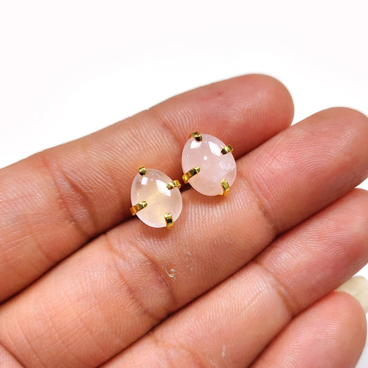 Natural Rose Quartz Stud Earrings | 925 Sterling Silver | Oval Handmade Jewelry