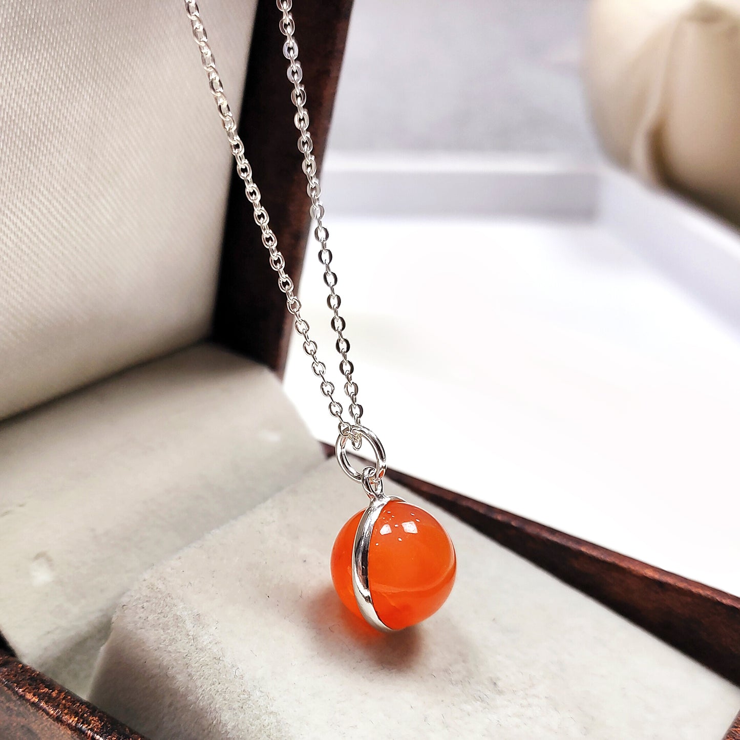 Carnelian Crystal Ball Necklace - 925 Sterling Silver Necklace - Crystal Round Ball Necklace - Healing Crystal Jewelry, Gift For Her