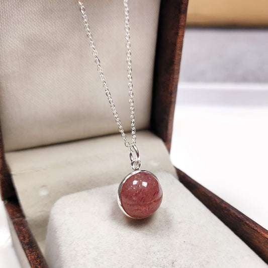 Strawberry Quartz Natural Gemstone Crystal Ball Pendant Necklace, 925 sterling silver necklace, birthday gift, wedding gift, gift for her
