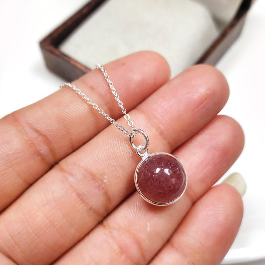 Strawberry Quartz Natural Gemstone Crystal Ball Pendant Necklace, 925 sterling silver necklace, birthday gift, wedding gift, gift for her