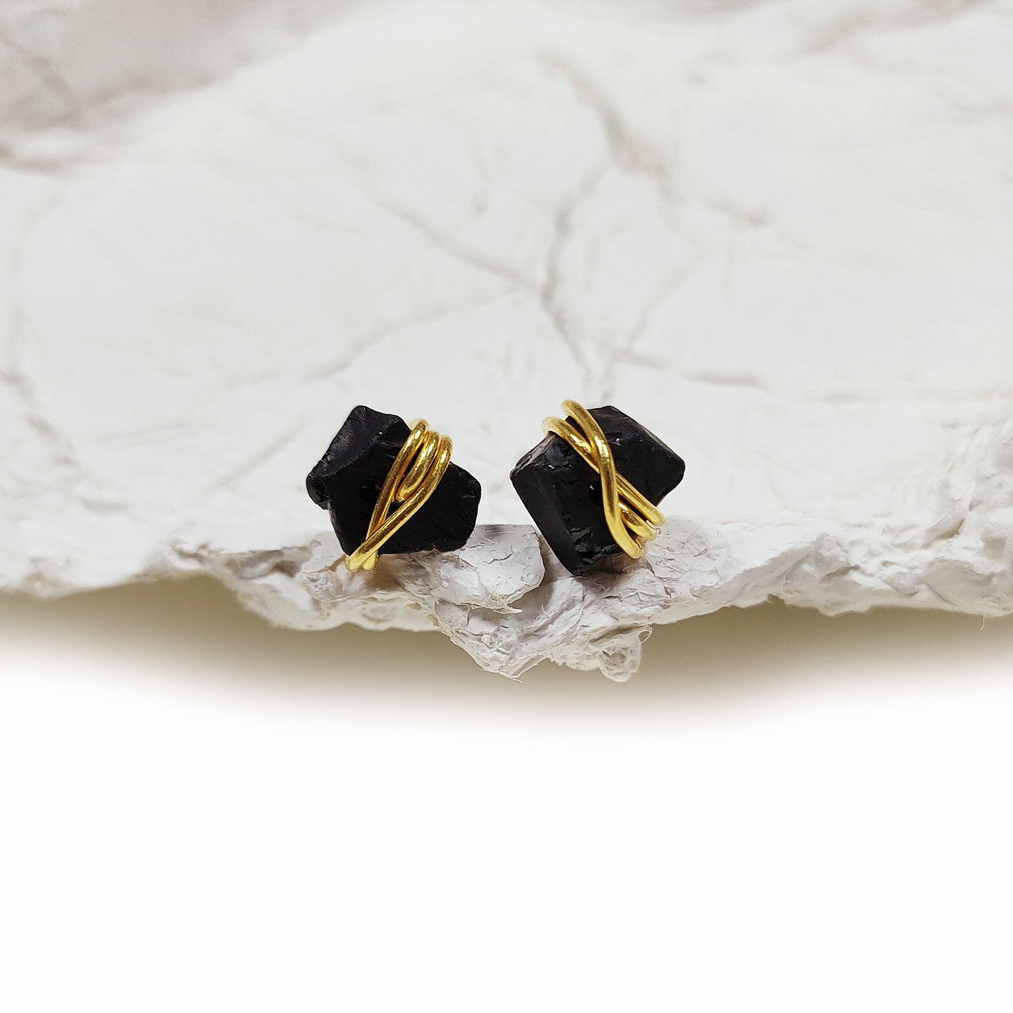 Raw Black Tourmaline Stud Earrings, Sterling Silver Wire Wrap Crystal Jewelry Gift