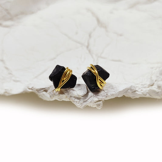 Raw Black Tourmaline Stud Earrings, Sterling Silver Wire Wrap Crystal Jewelry Gift