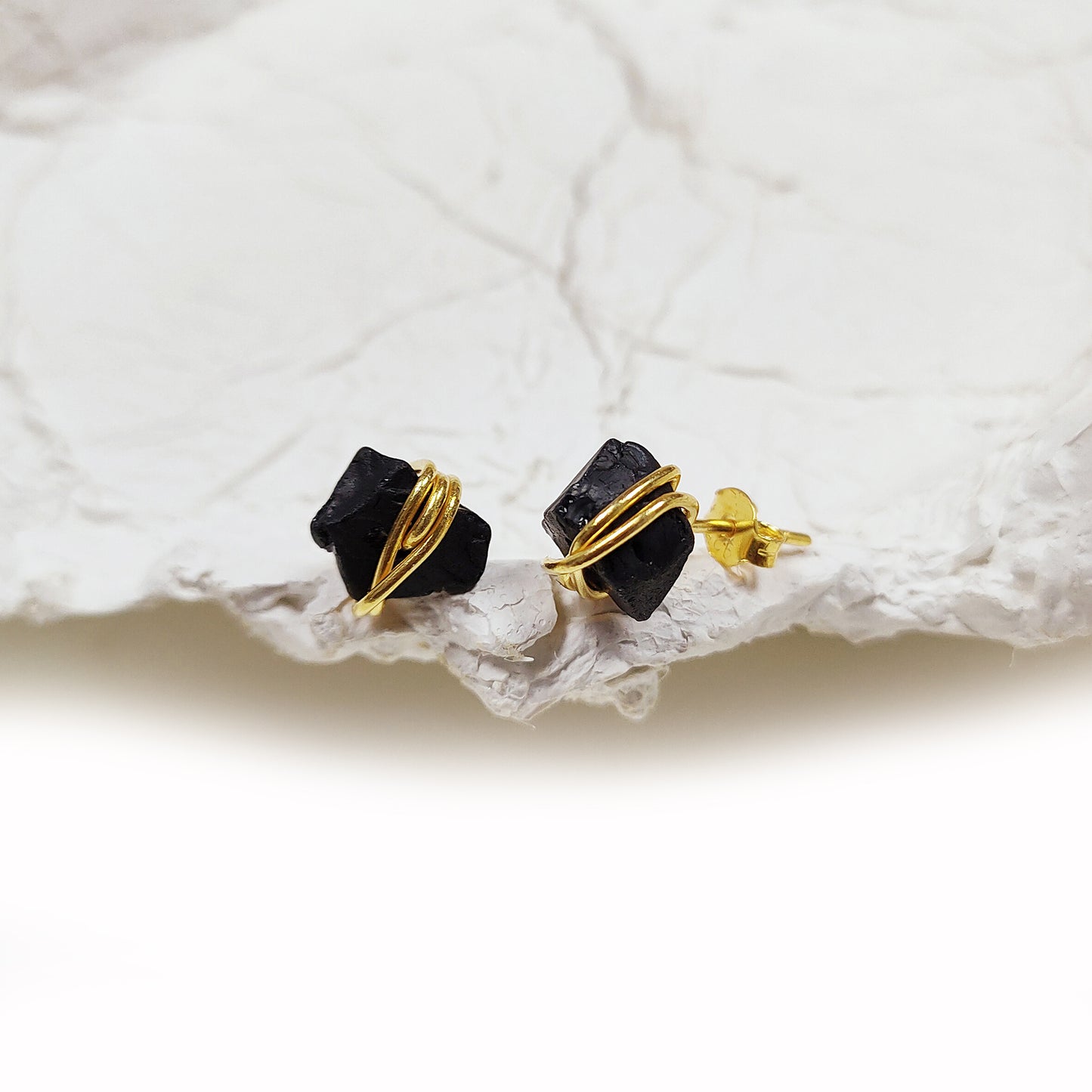 Raw Black Tourmaline Stud Earrings, Sterling Silver Wire Wrap Crystal Jewelry Gift