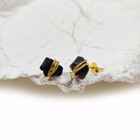 Raw Black Tourmaline Stud Earrings, Sterling Silver Wire Wrap Crystal Jewelry Gift