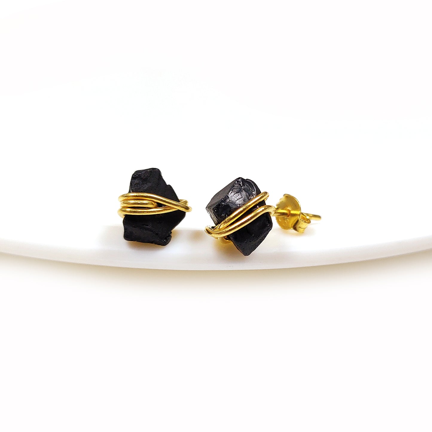 Raw Black Tourmaline Stud Earrings, Sterling Silver Wire Wrap Crystal Jewelry Gift