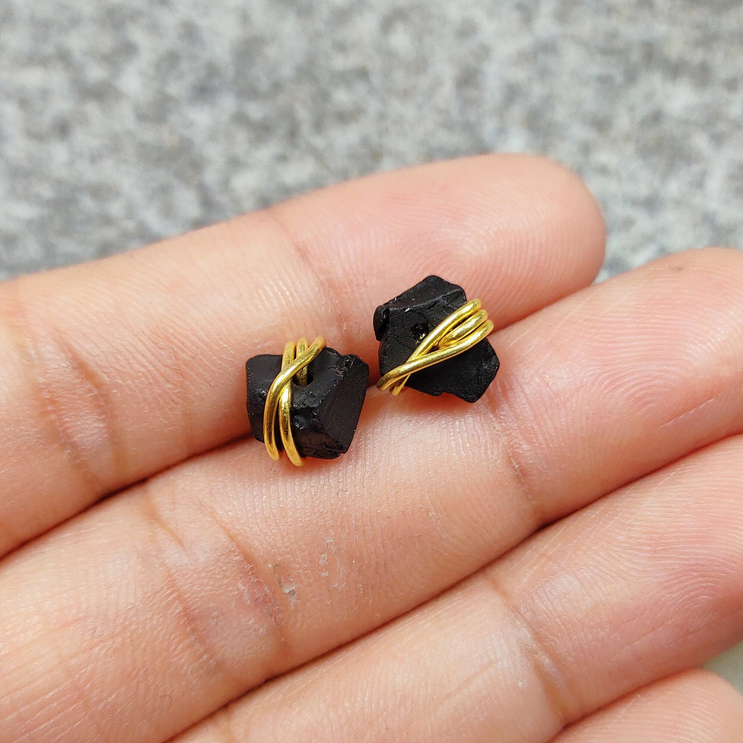 Raw Black Tourmaline Stud Earrings, Sterling Silver Wire Wrap Crystal Jewelry Gift