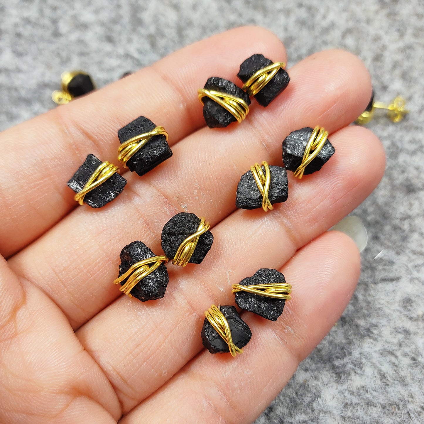 Raw Black Tourmaline Stud Earrings, Sterling Silver Wire Wrap Crystal Jewelry Gift