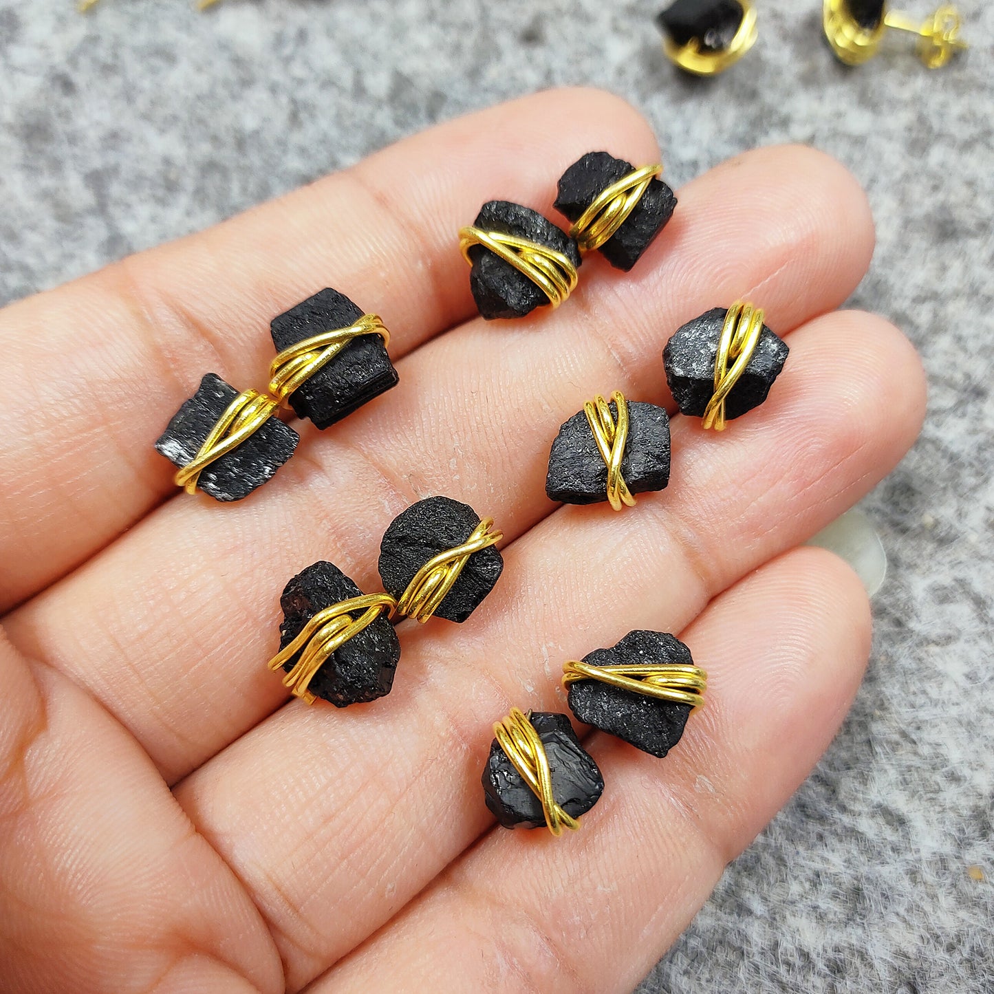 Raw Black Tourmaline Stud Earrings, Sterling Silver Wire Wrap Crystal Jewelry Gift