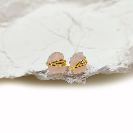 Raw Rose Quartz Stud Earrings, Healing Crystal Jewelry, Boho Birthstone Gift