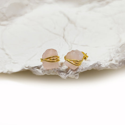 Raw Rose Quartz Stud Earrings, Healing Crystal Jewelry, Boho Birthstone Gift