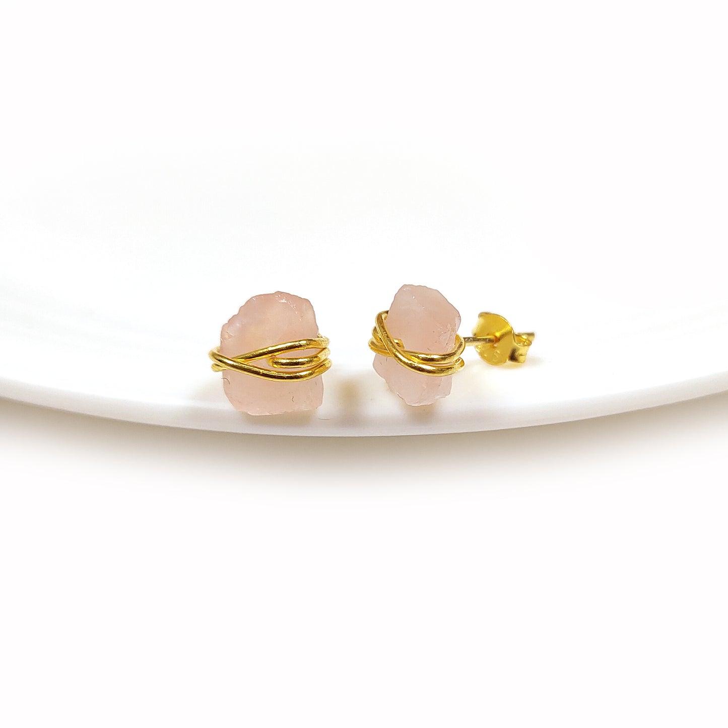 Raw Rose Quartz Stud Earrings, Healing Crystal Jewelry, Boho Birthstone Gift