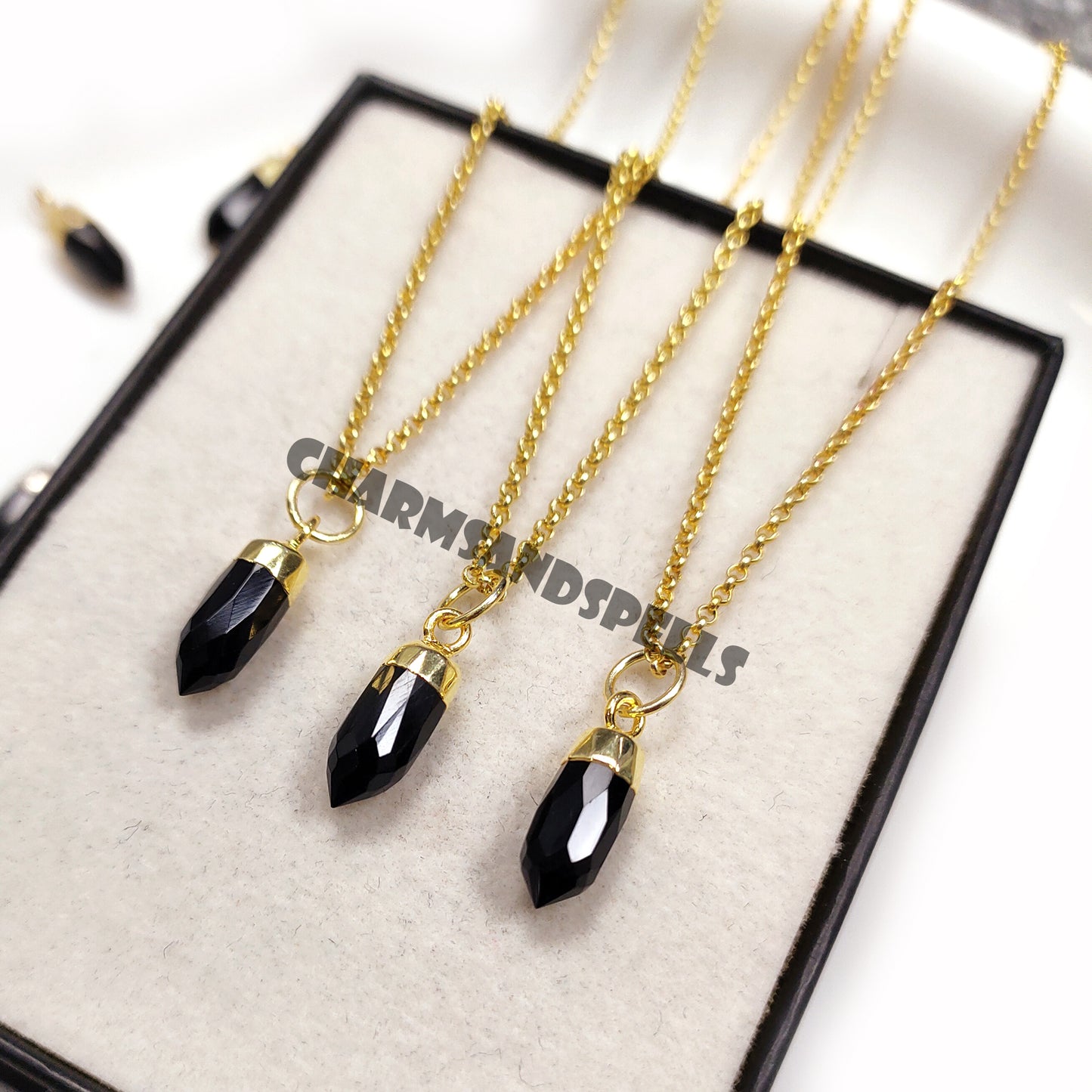 Natural Black Onyx Pencil Pendant Necklace, 14K Gold Plated Necklace, Onyx Pendant for Men & Women, Bridal Gifts, Gifts For Her