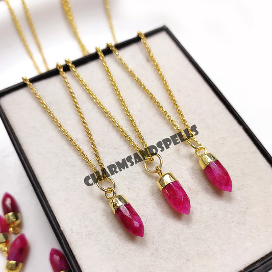 Ruby Crystal Pencil Chain Necklace, Pointer Ruby Necklace, 14k Gold Plated Ruby Jewelry, Statement Necklace, Christmas Gift, Gift For Her