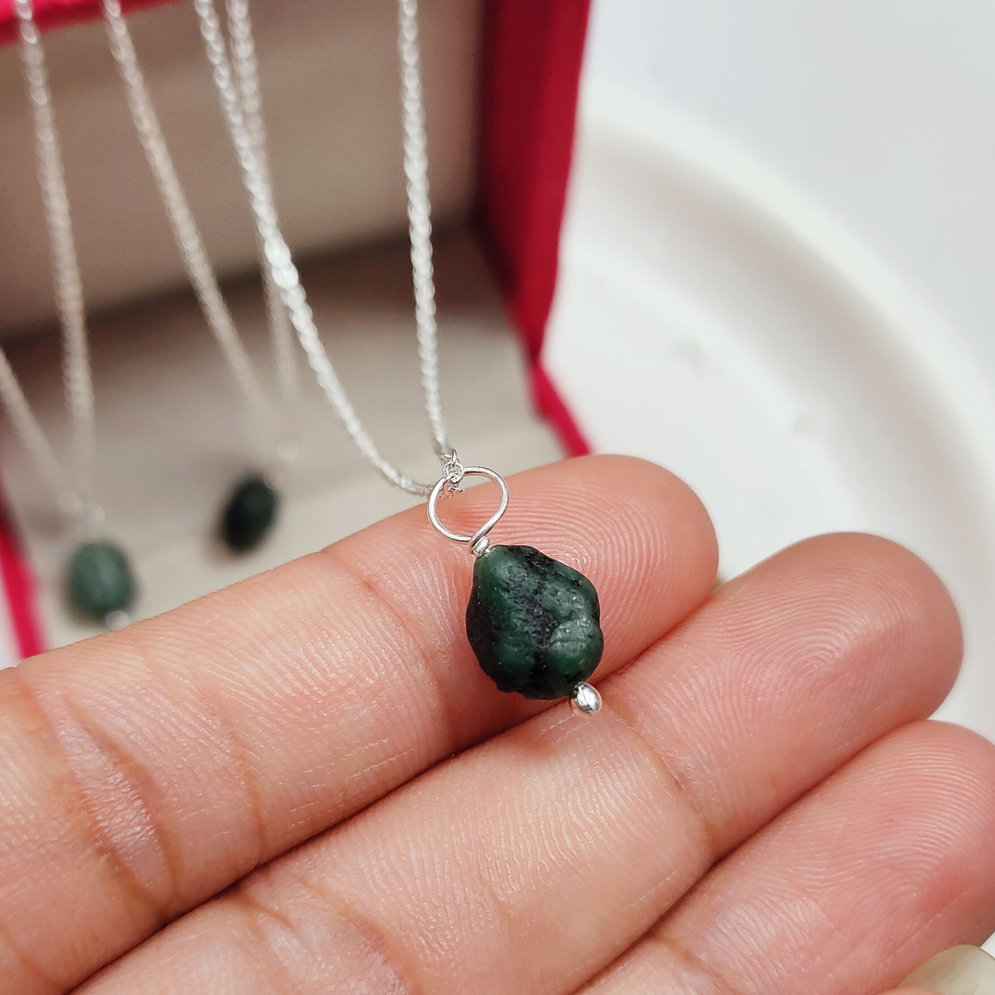 Raw Emerald Necklace, 925 Sterling Silver Pendant, May Birthstone Handmade Jewelry