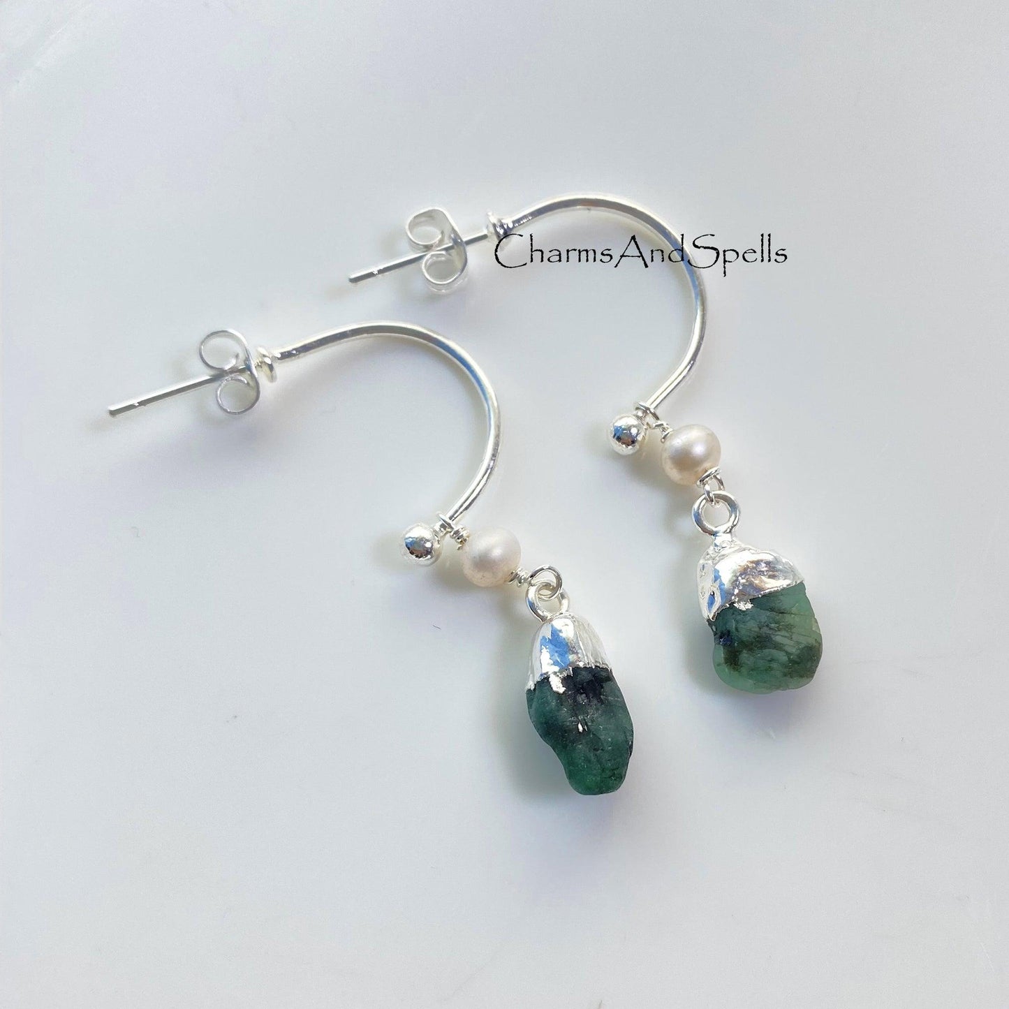 Raw Emerald Earrings | White Pearl Crystal Jewelry | Boho