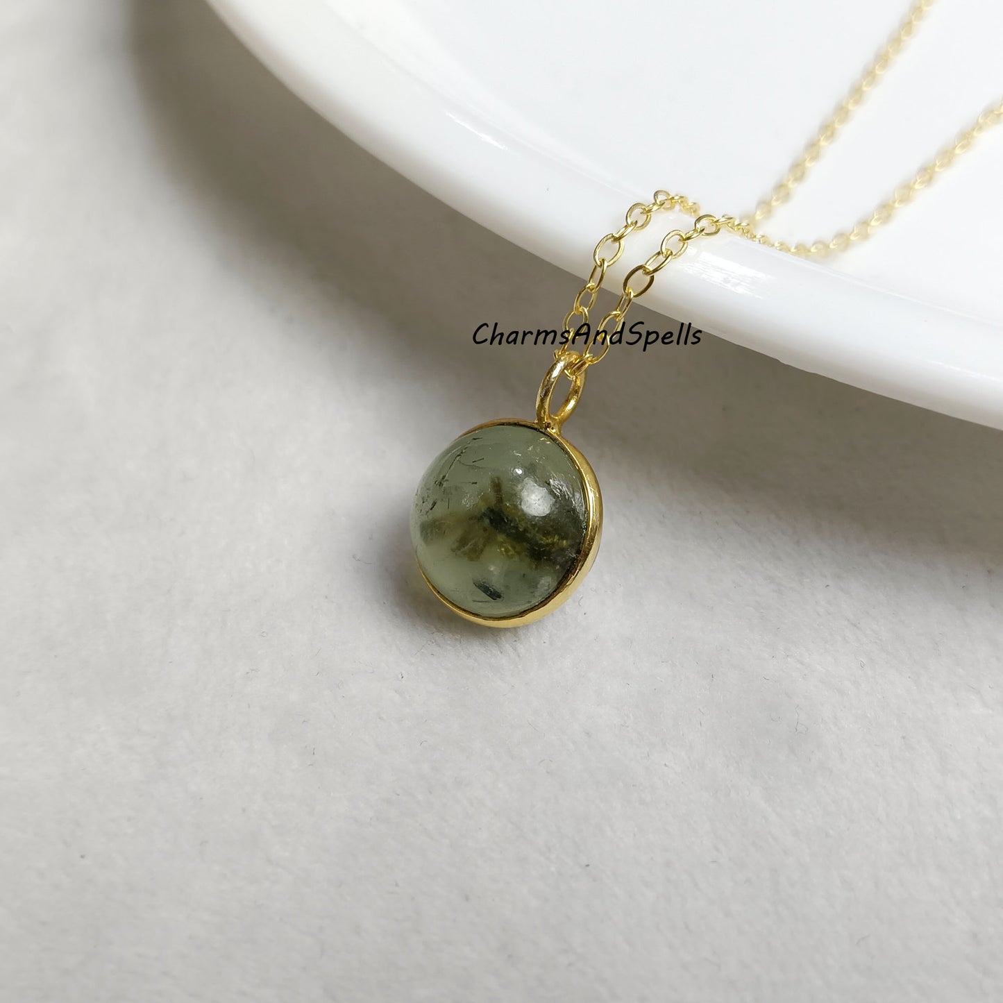 Green Prehnite Crystal Ball Pendant Necklace, Natural Gemstone Pendant, Boho Jewelry, Prehnite Necklace, Unique Necklace, Woman Jewelry,Gift