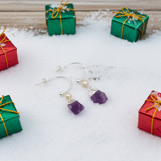 Raw Amethyst Silver Electroplated Earrings| Healing Gemstone Earrings