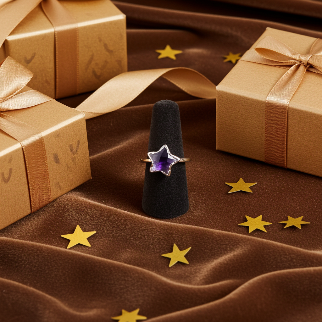 Natural Purple Amethyst Star Ring