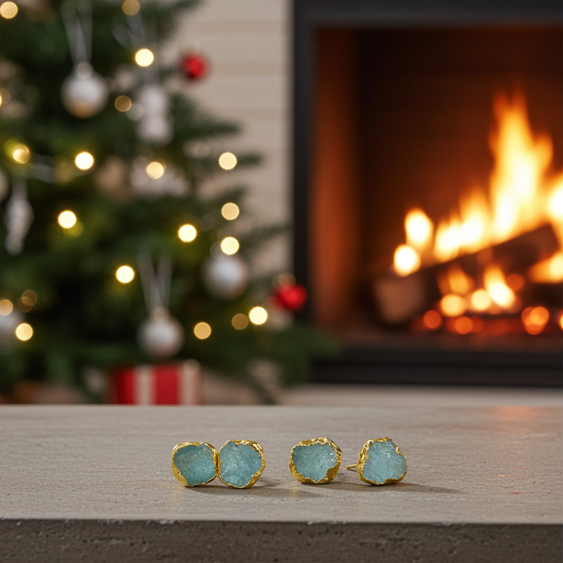 Raw Aquamarine Electroplated Stud Earrings