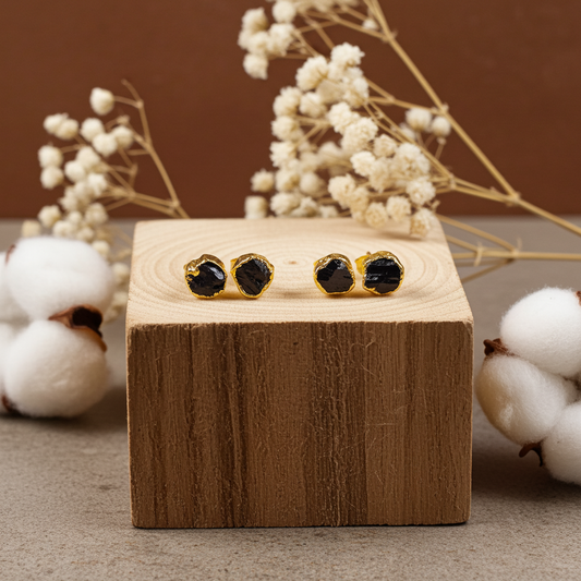 Raw Black Tourmaline Stud Earrings | Natural Crystal Protection Earrings
